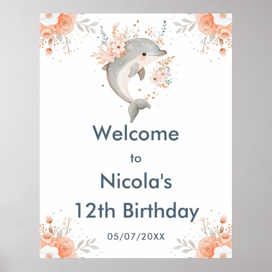 Poster Cute Floral Dolphin Birthday Party Welcome (Devant)