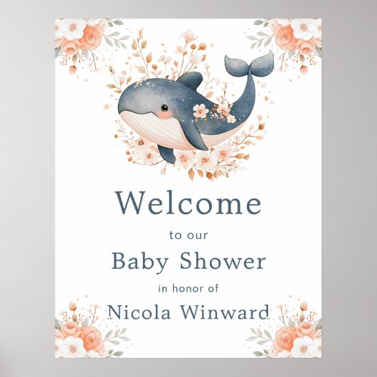Poster Cute Floral Whale Baby Shower Welcome (Devant)