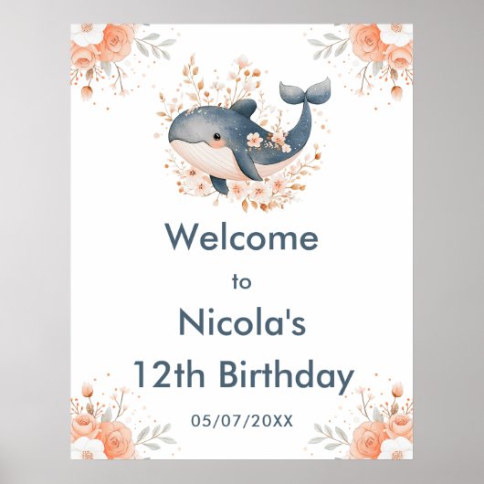Poster Cute Floral Whale Birthday Party Welcome (Devant)