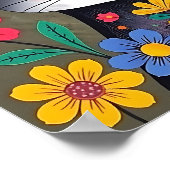 Poster Cute Folk Art Chat noir et fleurs (Coin)