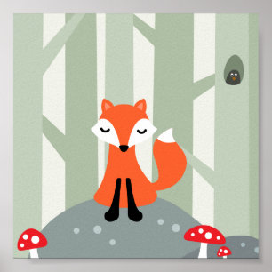 Poster Cute fox sitting on a rock in the forest