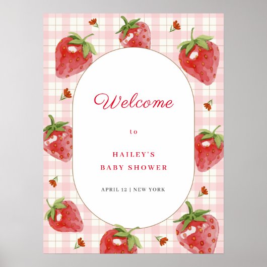 Poster Cute fraise En vichy Baby shower de bienvenue (Devant)
