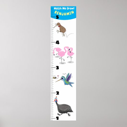 Poster Cute funny birds cartoon growth chart (Devant)