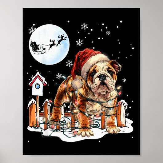 Poster Cute Funny English Bulldog Christmas Lights Santa (Devant)