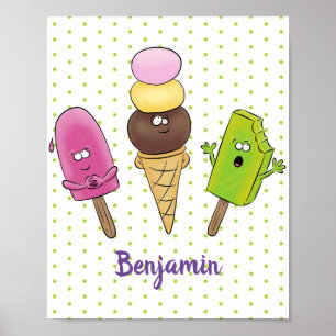 Poster Cute funny ice cream popsicle cartoon trio