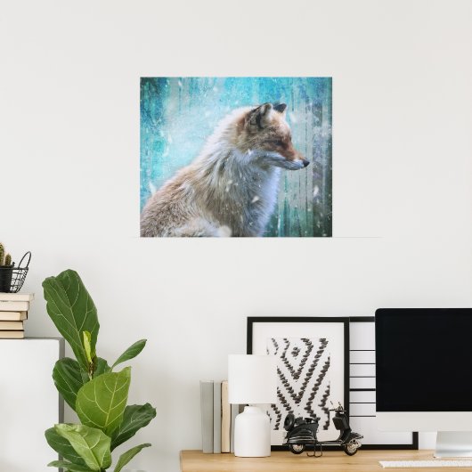 Poster Cute Furry Fox sur Blue Grunge Arrière - plan (Bureau à domicile)