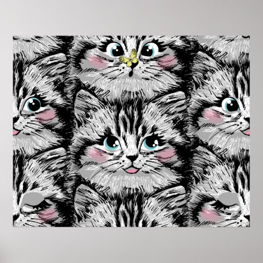 Poster Cute furry kitten face seamless pattern. Illustrat (Devant)