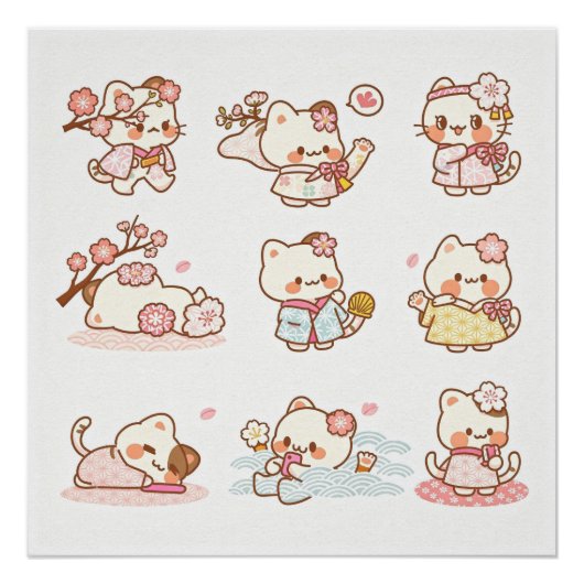 Poster Cute Geisha-style cat (Devant)