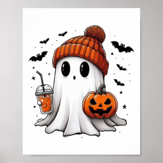 Poster Cute Ghost Boire Café Halloween Ghost Café (Devant)