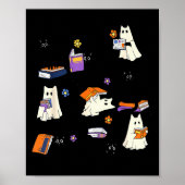 Poster Cute Ghost Cat Reading Books Lover Bookish Hallowe (Devant)