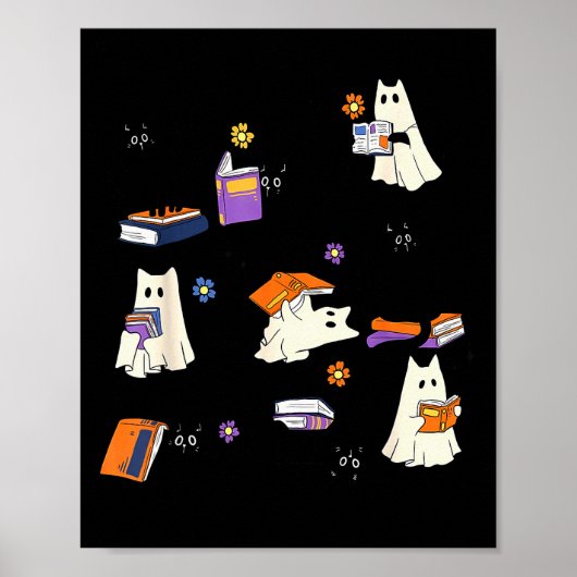 Poster Cute Ghost Cat Reading Books Lover Bookish Hallowe (Devant)