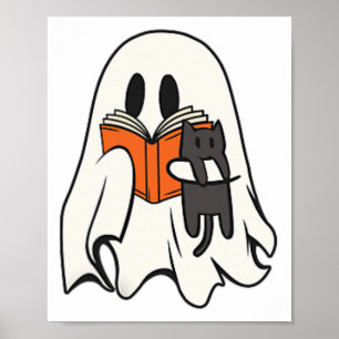 Poster Cute Ghost Chat Lecture Livre Saison Éffrayante Ha