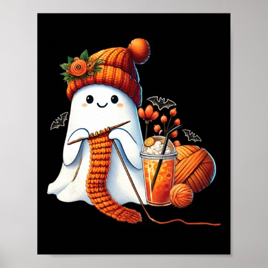 Poster Cute Ghost Crochet Tricot Amateurs Halloween Café (Devant)