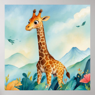 Poster Cute Giraffe en Pépinière en Montagne