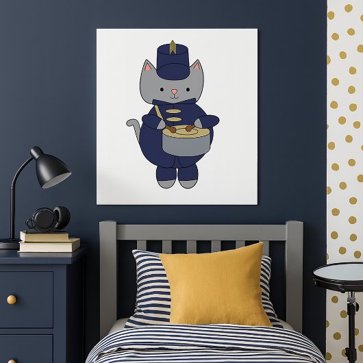 Poster Cute Gray Cat Marching Band Drummer Illustration