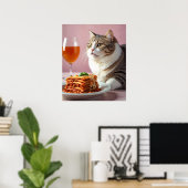 Poster Cute Gray Chat avec Lasagne et Verre à Vin (Bureau à domicile)