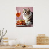 Poster Cute Gray Chat avec Lasagne et Verre à Vin (Cuisine)