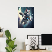 Poster Cute Grey Chat Voler dans l'espace (Bureau à domicile)