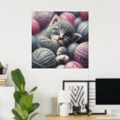 Poster Cute Grey et blanc Kitten Napping en Fil (Bureau à domicile)
