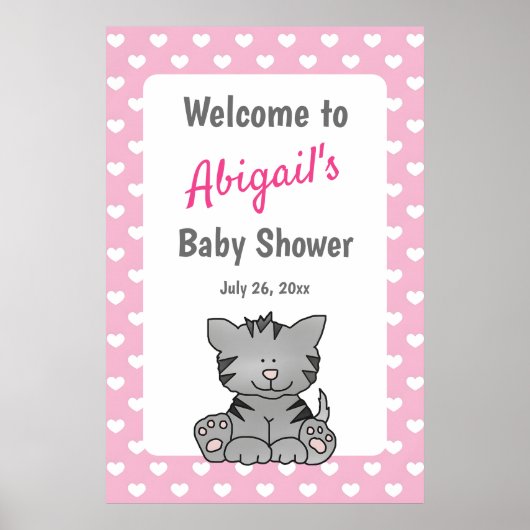 Poster Cute Grey Kitten et Coeurs Baby shower fille (Devant)