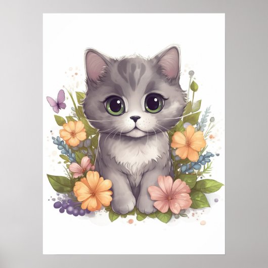 Poster Cute Grey Kitty avec Fleurs Kawaii Chibi (Devant)