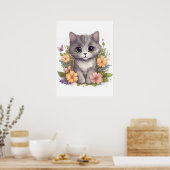 Poster Cute Grey Kitty avec Fleurs Kawaii Chibi (Cuisine)
