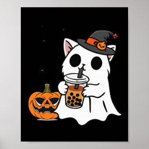 Poster Cute Halloween Chat En Costume Fantôme Boire Boba