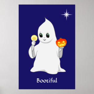 Poster Cute Halloween Ghost & Citrouille sur Navy Blue