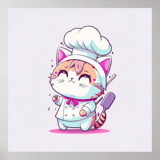 Poster Cute Happy Baker Pâtisserie Chef Chat Kitten | (Devant)
