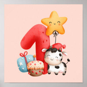Poster Cute Happy Cow 1st Birthday