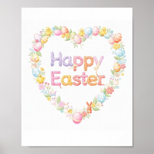Poster Cute Happy Easter Bunny & Chick Heart  (Devant)