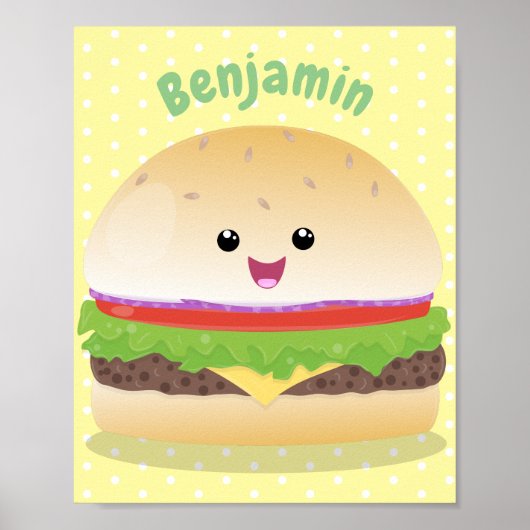 Poster Cute happy kawaii hamburger cartoon (Devant)