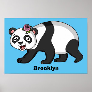 Poster Cute happy panda bear with flower cartoon