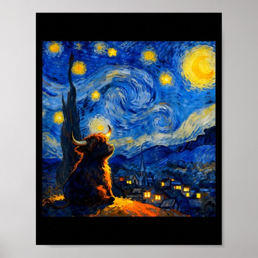Poster Cute Highland Baby Cow Graphic Van Gogh Style Star (Devant)
