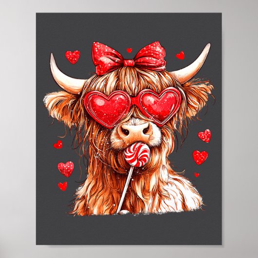 Poster Cute Highland Cow Candy Cane Heart Valentines Day  (Devant)