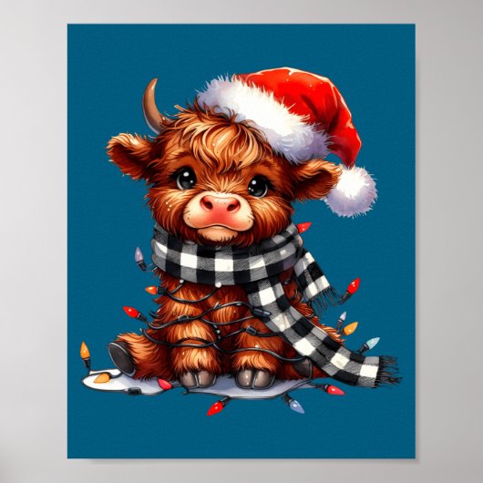 Poster Cute Highland Cow Christmas Lights Santa Hat Winte (Devant)