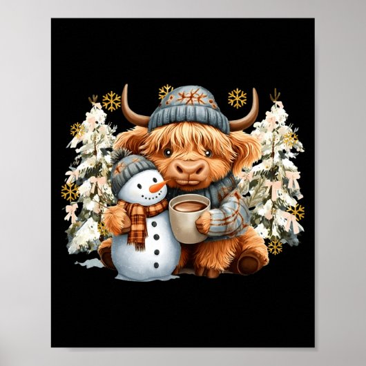 Poster Cute Highland Cow With Snowman Hot Cocoa Christmas (Devant)