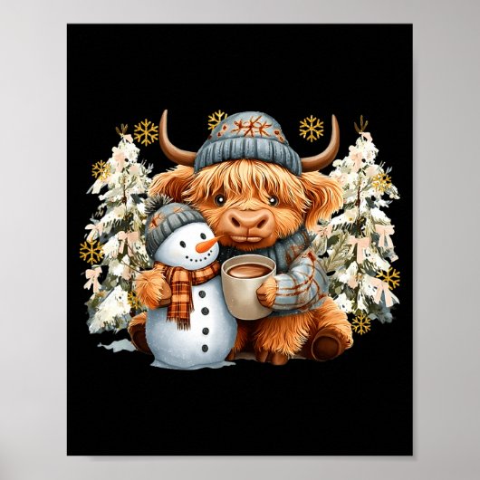 Poster Cute Highland Cow With Snowman Hot Cocoa Christmas (Devant)