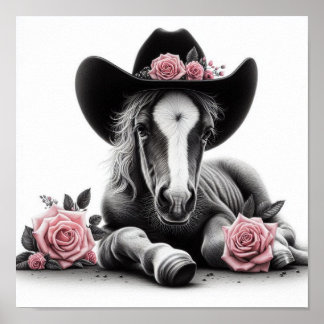 Poster Cute Horse Foin portant un Casquette Cowboy