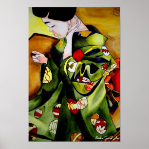 Poster Cute japonais Geisha aquarelle originale art