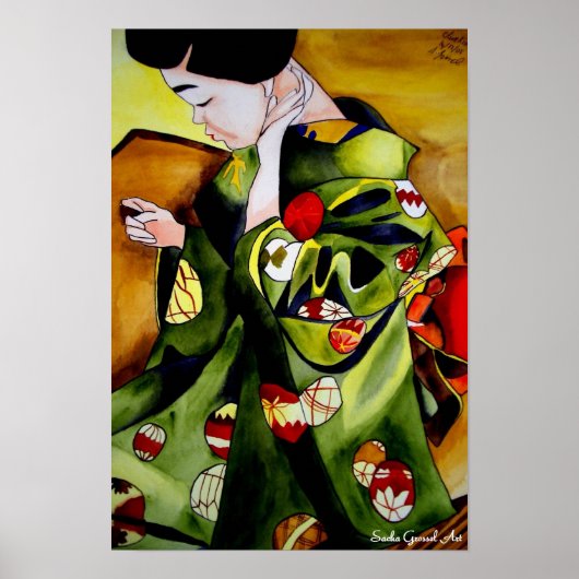 Poster Cute japonais Geisha aquarelle originale art (Devant)