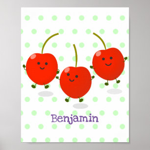 Poster Cute jumping red cherries cartoon illustration
