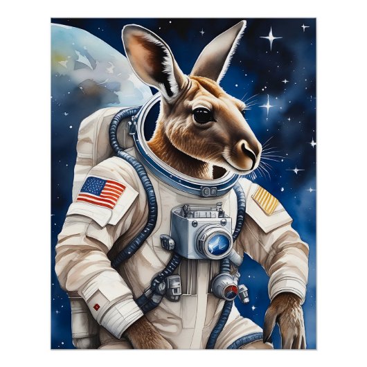 Poster Cute Kangaroo en costume d'astronaute dans l'espac (Devant)