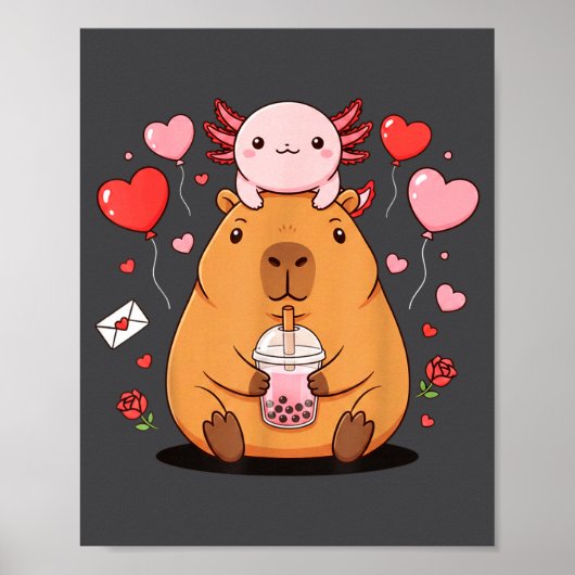 Poster Cute Kawaii Axolotl Capybara Bubble Tea Boys Girls (Devant)