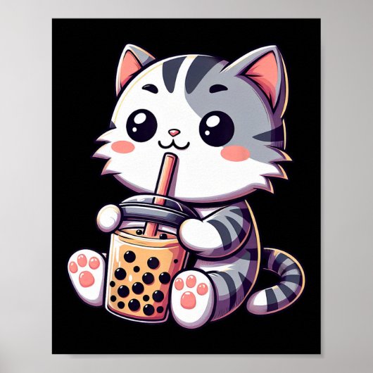 Poster Cute Kawaii Chat Boba Bubble Thé Lait Anime Neko K (Devant)