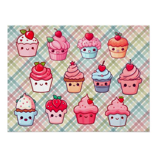 Poster Cute kawaii cupcake nourriture muffin (Devant)