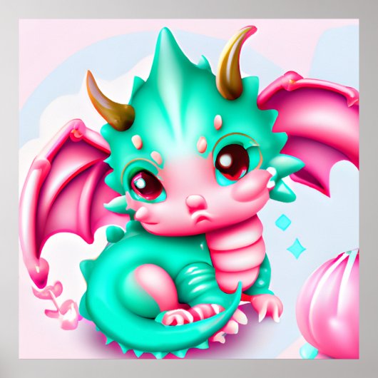 Poster Cute Kawaii Dragon Bébé Sarcelle et Rose (Devant)