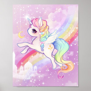Poster Cute kawaii pastel unicorne avec arc-en-ciel et ch