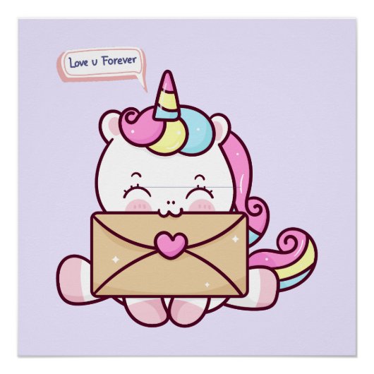 Poster Cute Kawaii Unicorn Love Illustration (Devant)