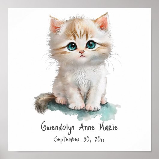 Poster Cute Kitten avec Blue Eyes Aquarelle Nursery Art (Devant)